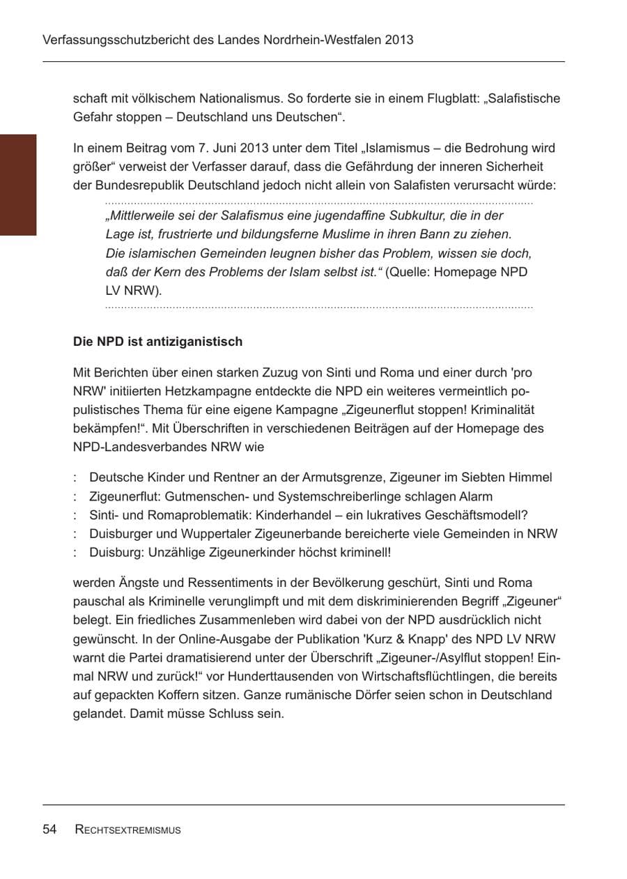 Seite 56 des Verfassungsschutzbericht 2013 Nordrhein-Westfalen