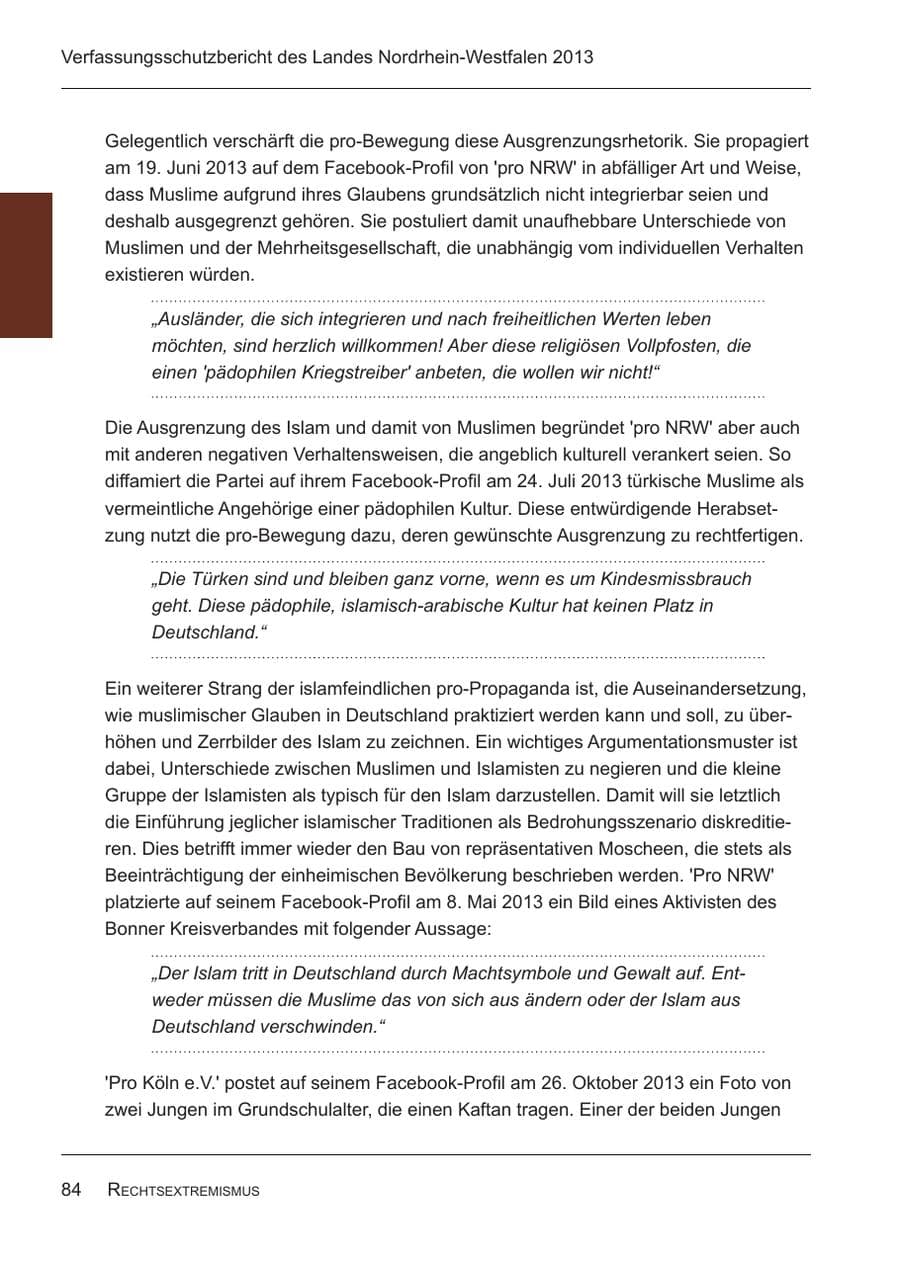 Seite 86 des Verfassungsschutzbericht 2013 Nordrhein-Westfalen