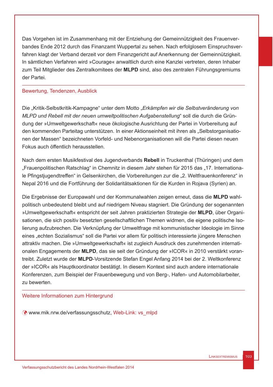 Seite 104 des Verfassungsschutzbericht 2014 Nordrhein-Westfalen