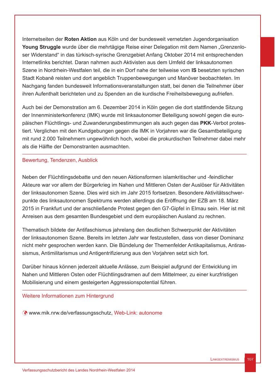 Seite 108 des Verfassungsschutzbericht 2014 Nordrhein-Westfalen