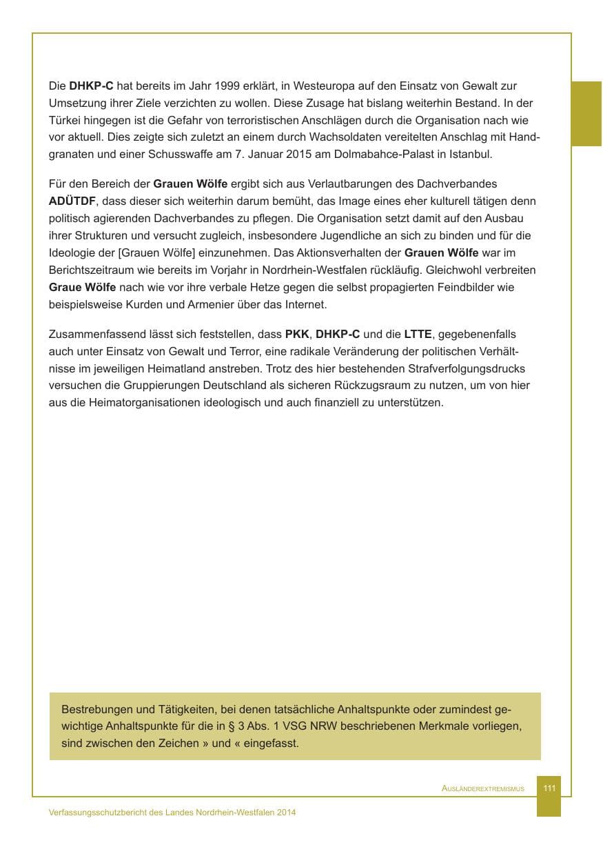 Seite 112 des Verfassungsschutzbericht 2014 Nordrhein-Westfalen