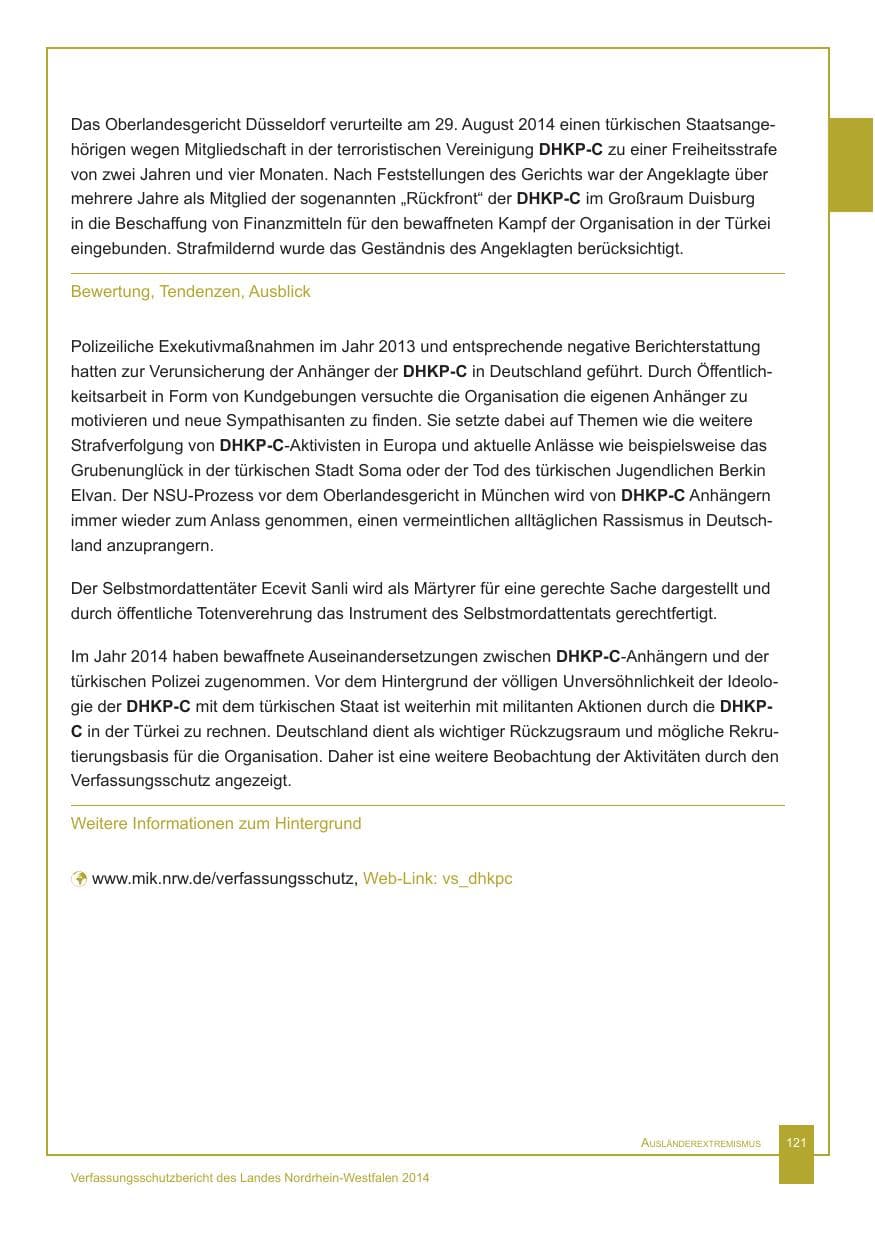 Seite 122 des Verfassungsschutzbericht 2014 Nordrhein-Westfalen