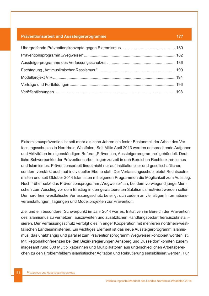 Seite 179 des Verfassungsschutzbericht 2014 Nordrhein-Westfalen