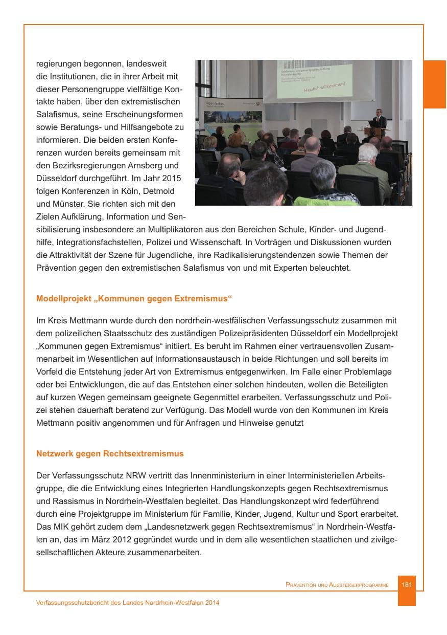 Seite 182 des Verfassungsschutzbericht 2014 Nordrhein-Westfalen