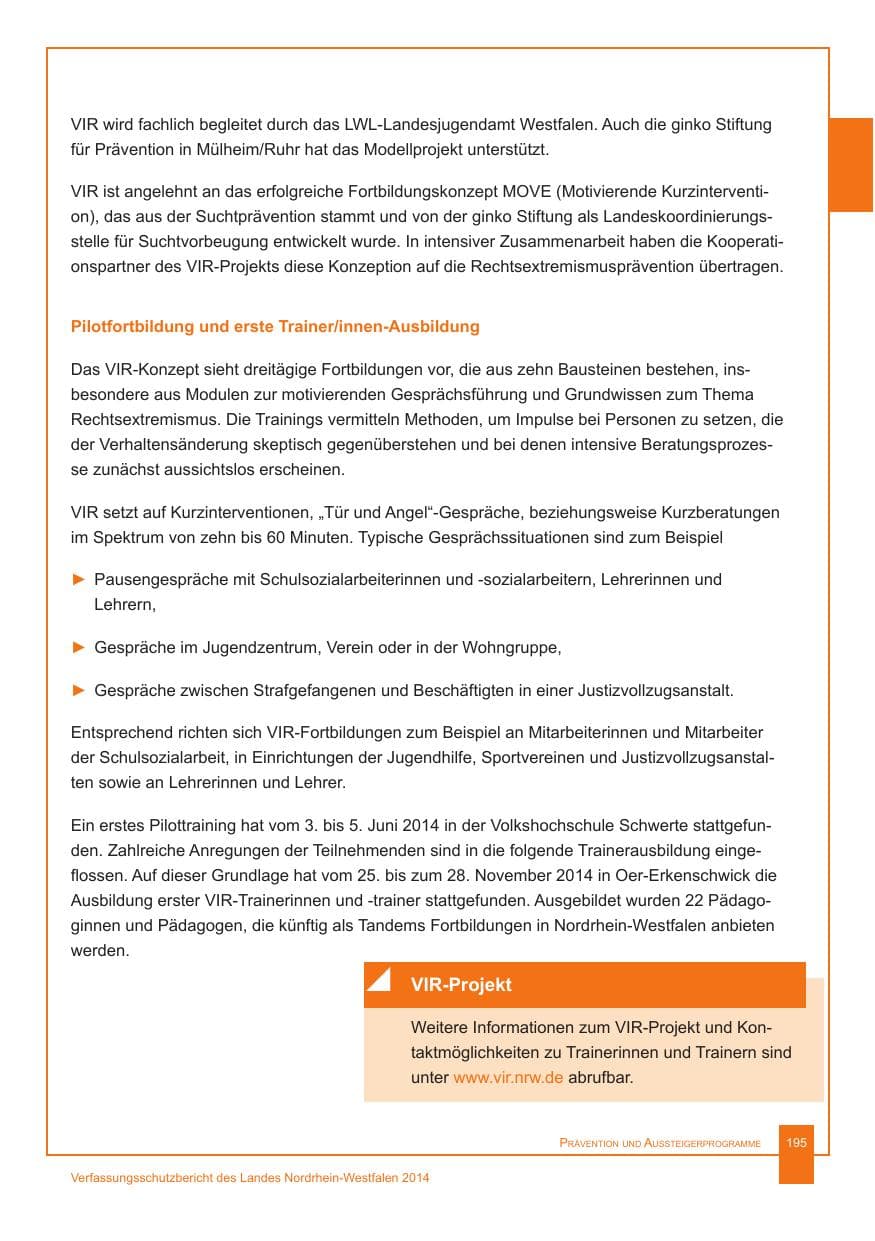 Seite 196 des Verfassungsschutzbericht 2014 Nordrhein-Westfalen