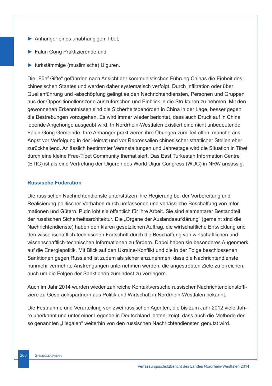 Seite 207 des Verfassungsschutzbericht 2014 Nordrhein-Westfalen