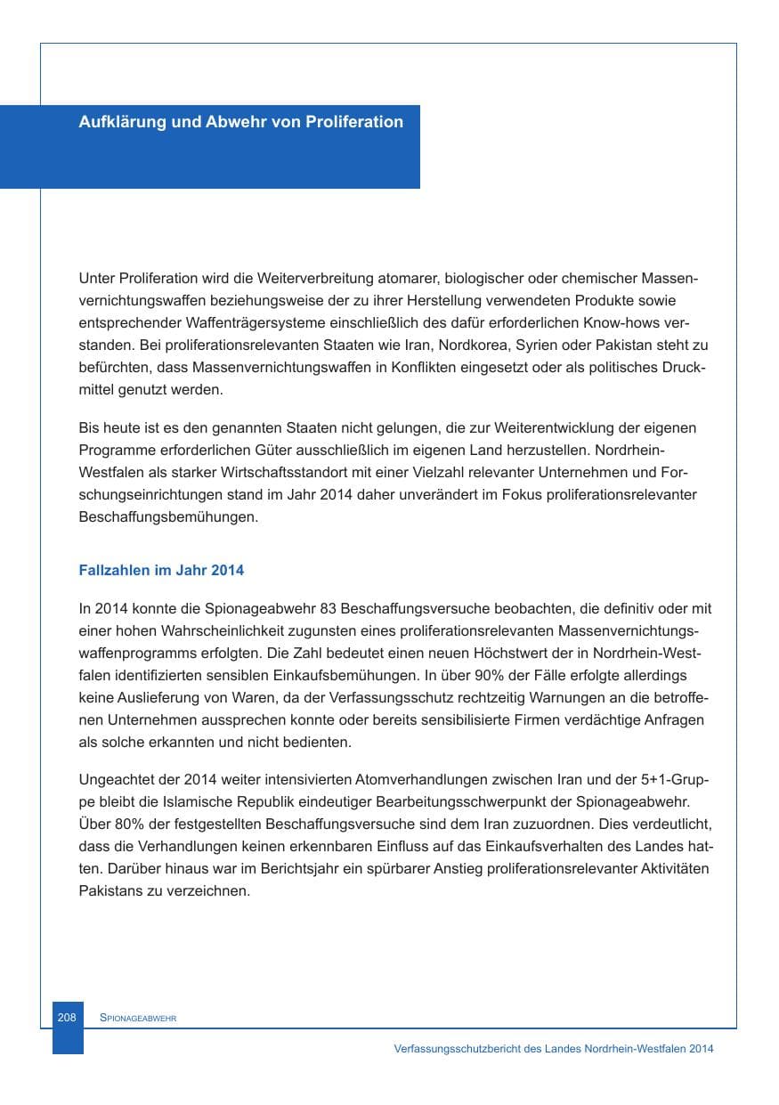 Seite 209 des Verfassungsschutzbericht 2014 Nordrhein-Westfalen