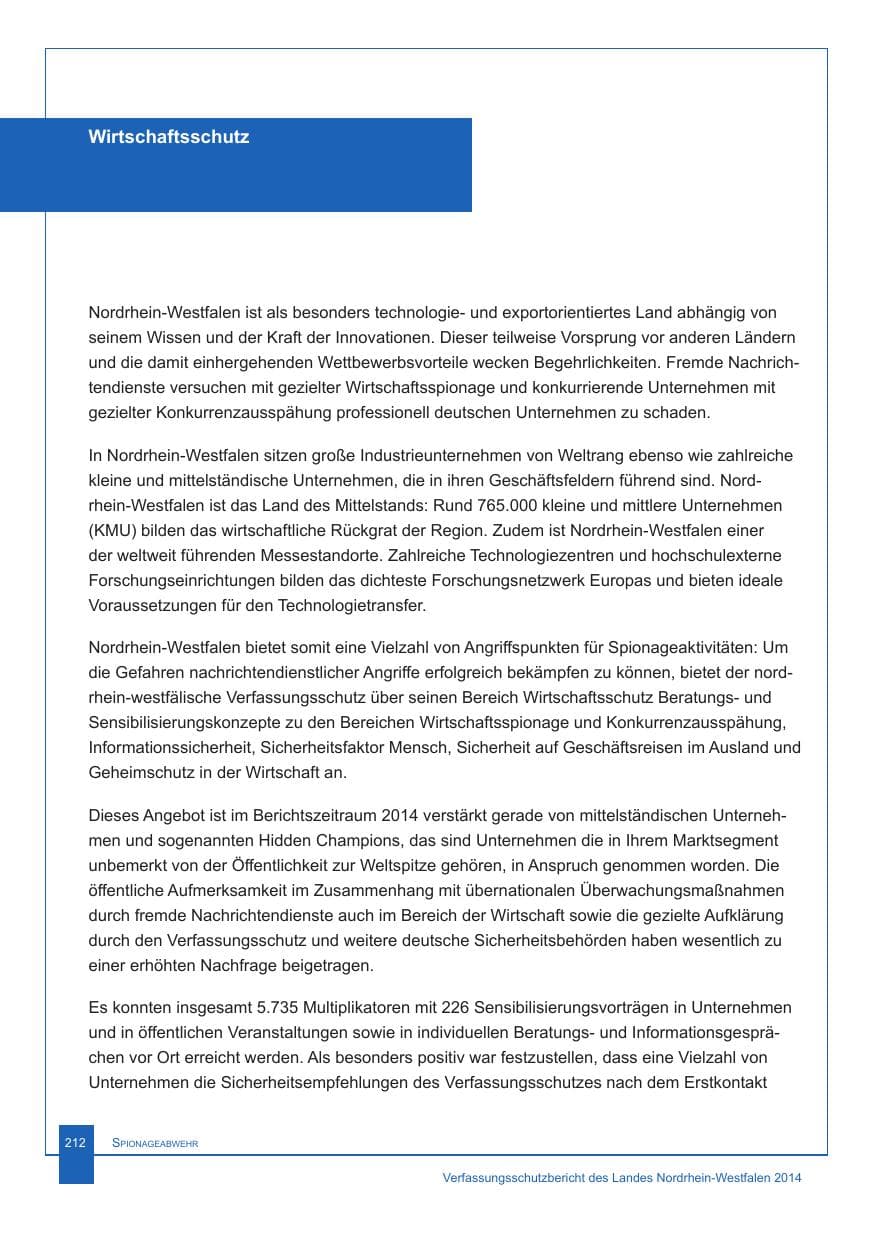 Seite 213 des Verfassungsschutzbericht 2014 Nordrhein-Westfalen