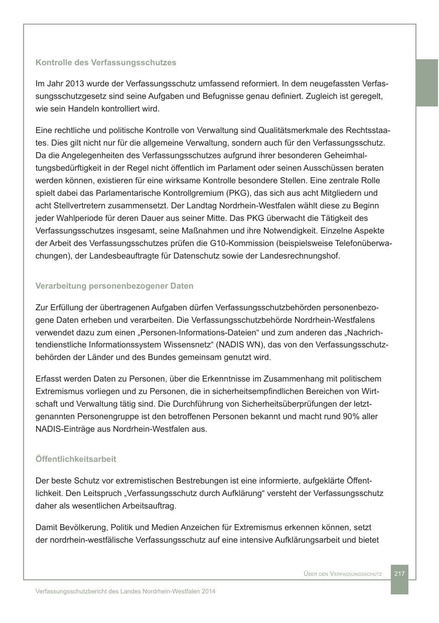 Seite 218 des Verfassungsschutzbericht 2014 Nordrhein-Westfalen