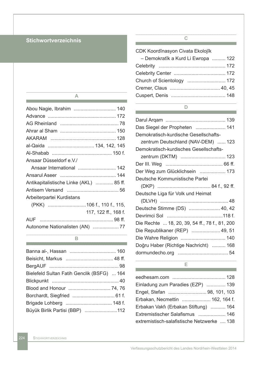 Seite 225 des Verfassungsschutzbericht 2014 Nordrhein-Westfalen