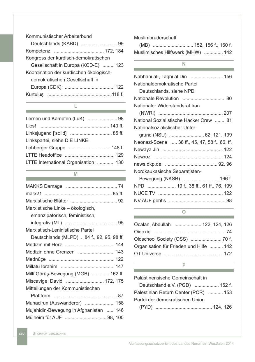 Seite 227 des Verfassungsschutzbericht 2014 Nordrhein-Westfalen