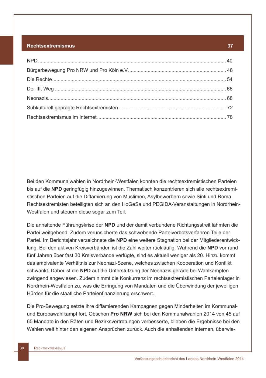 Seite 39 des Verfassungsschutzbericht 2014 Nordrhein-Westfalen
