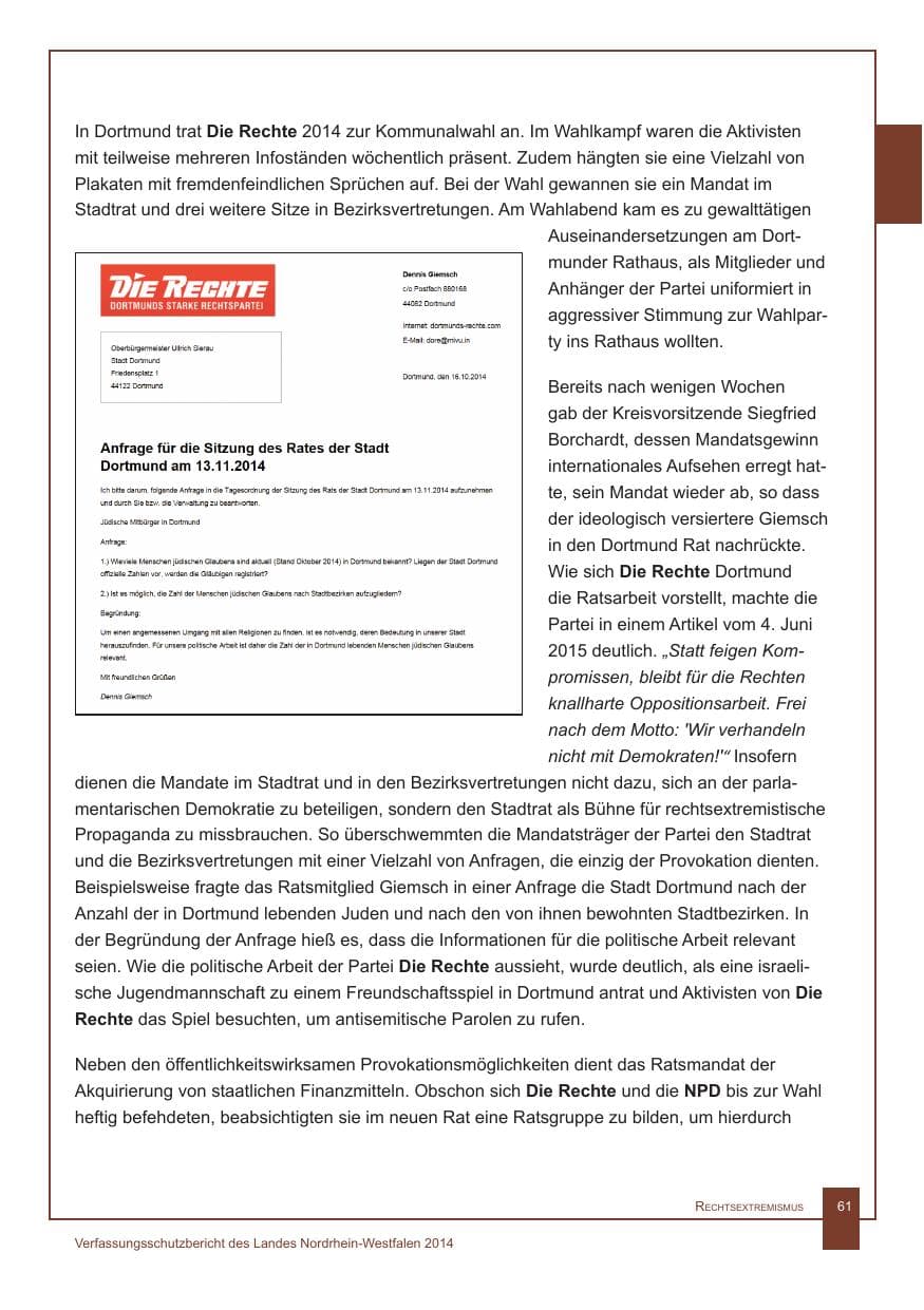 Seite 62 des Verfassungsschutzbericht 2014 Nordrhein-Westfalen