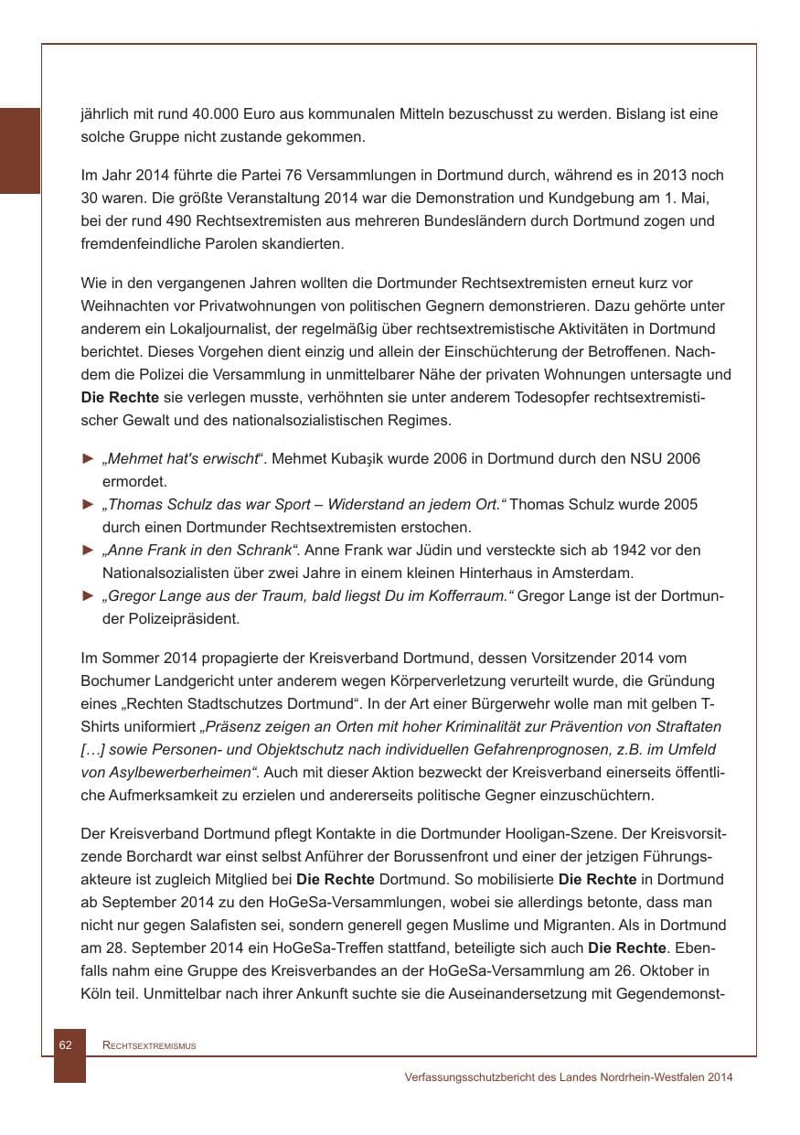 Seite 63 des Verfassungsschutzbericht 2014 Nordrhein-Westfalen
