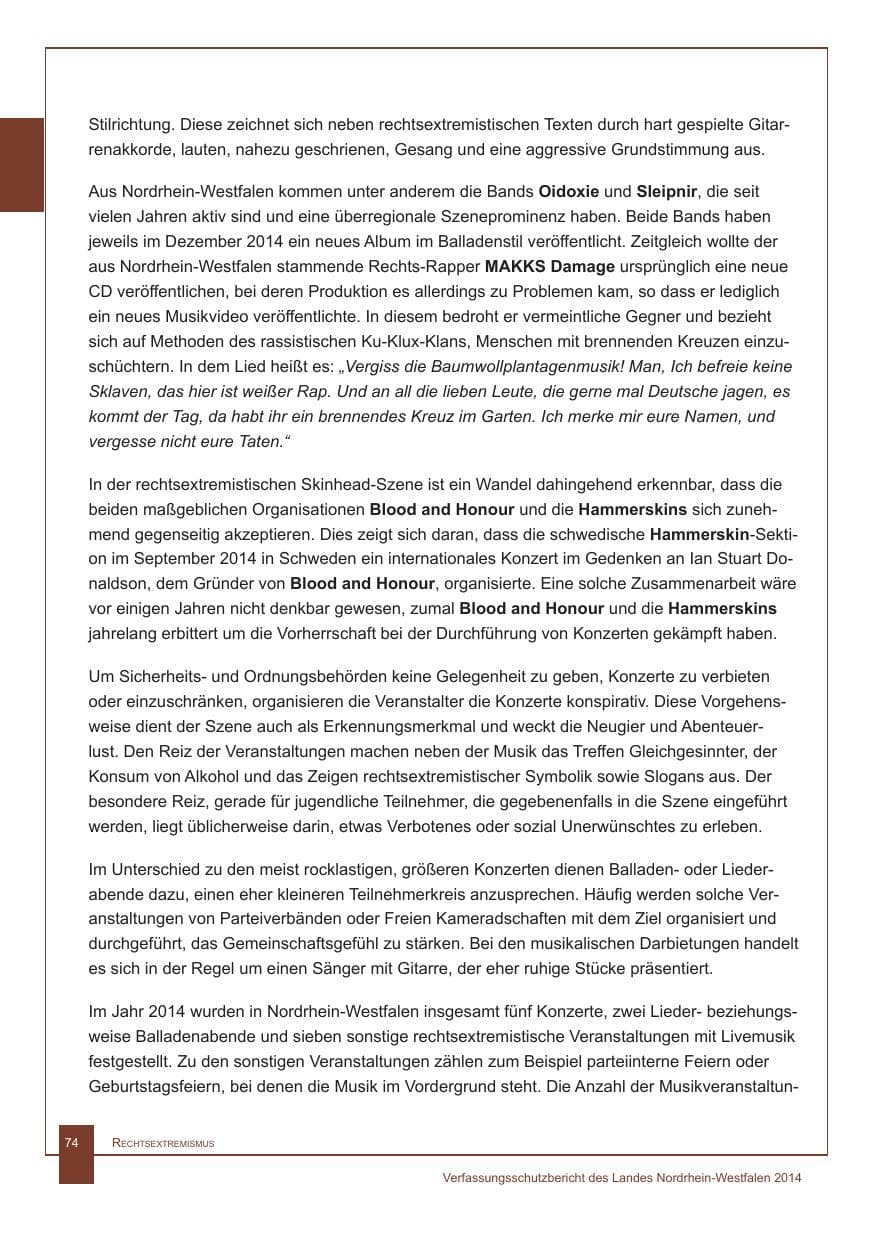 Seite 75 des Verfassungsschutzbericht 2014 Nordrhein-Westfalen