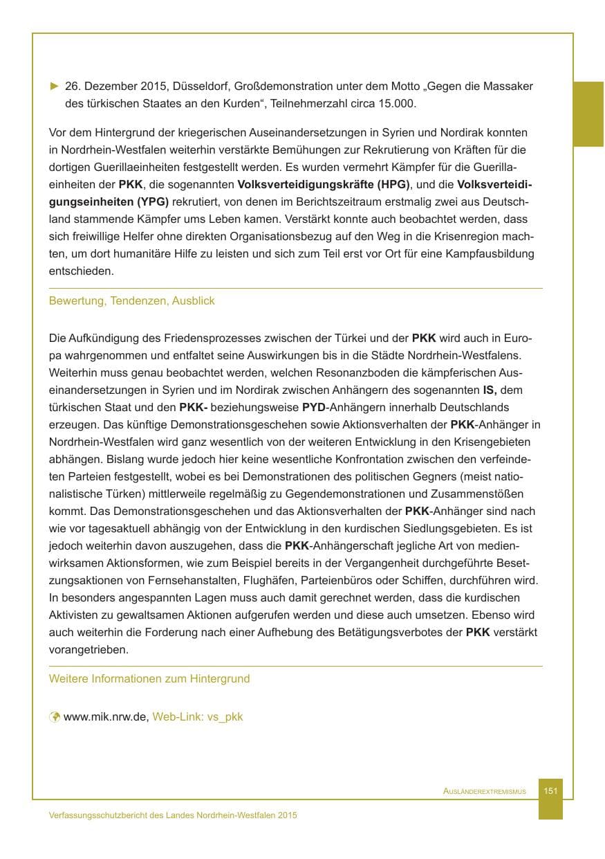 Seite 152 des Verfassungsschutzbericht 2015 Nordrhein-Westfalen