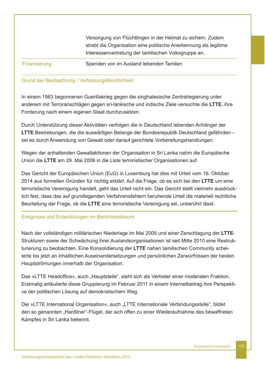 Seite 154 des Verfassungsschutzbericht 2015 Nordrhein-Westfalen