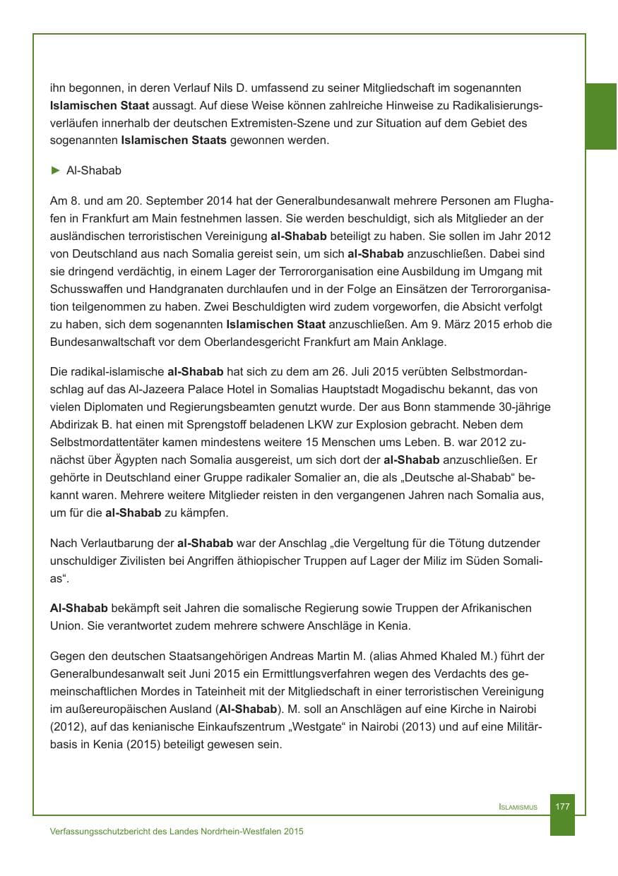 Seite 178 des Verfassungsschutzbericht 2015 Nordrhein-Westfalen