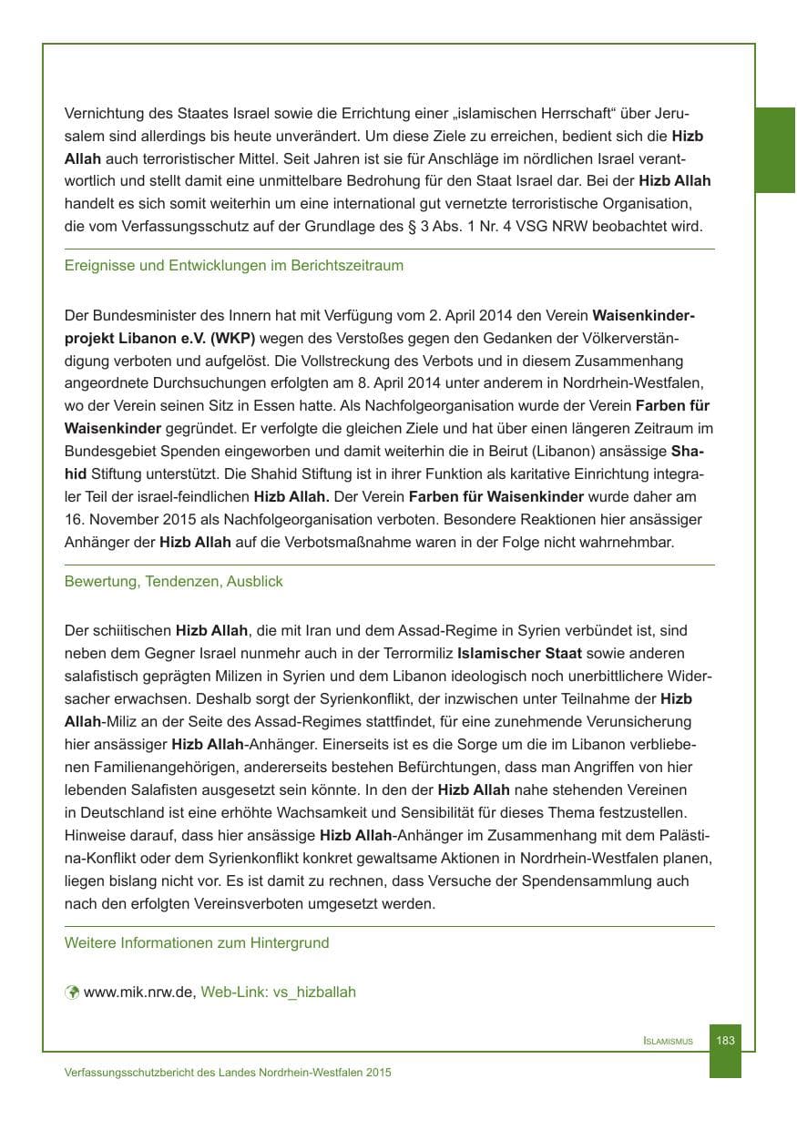 Seite 184 des Verfassungsschutzbericht 2015 Nordrhein-Westfalen