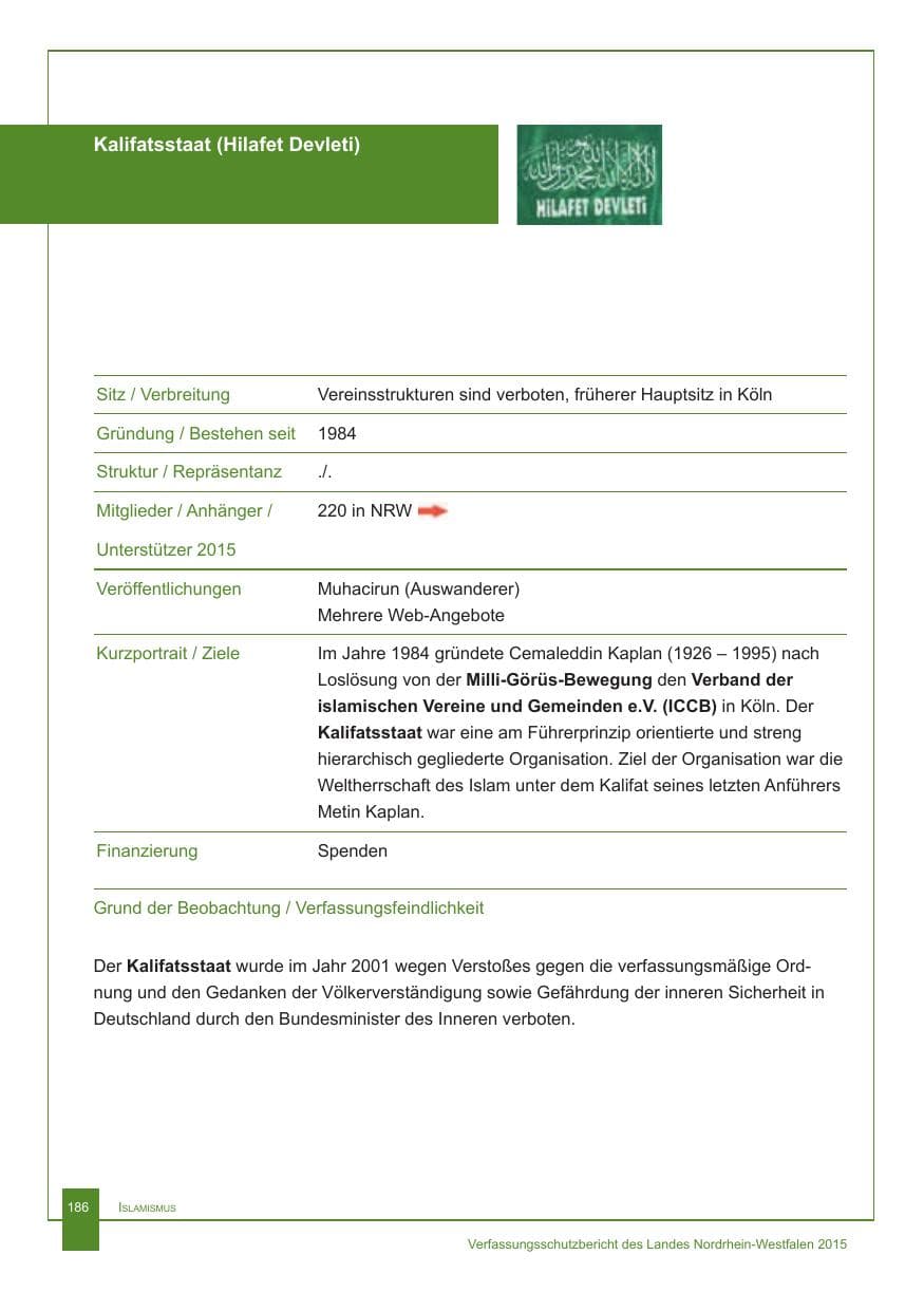Seite 187 des Verfassungsschutzbericht 2015 Nordrhein-Westfalen
