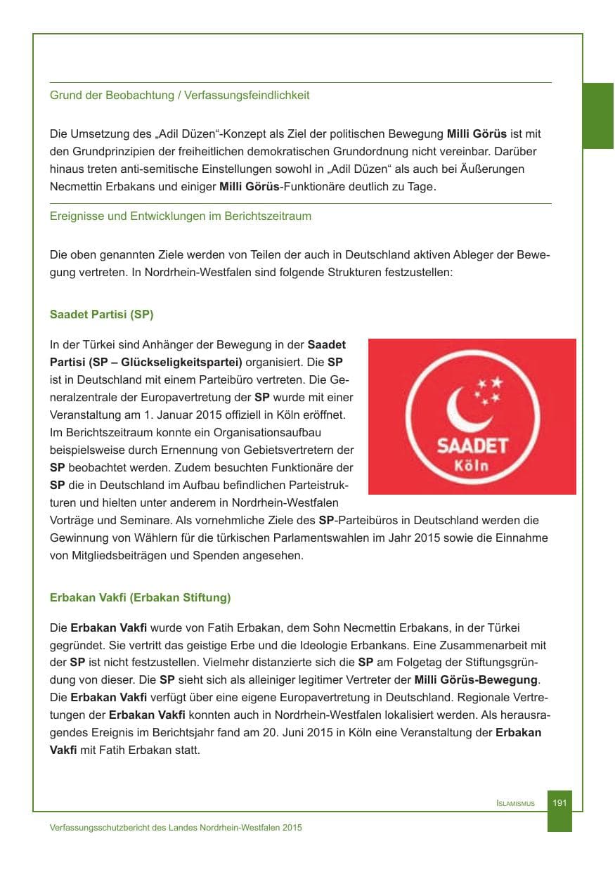 Seite 192 des Verfassungsschutzbericht 2015 Nordrhein-Westfalen