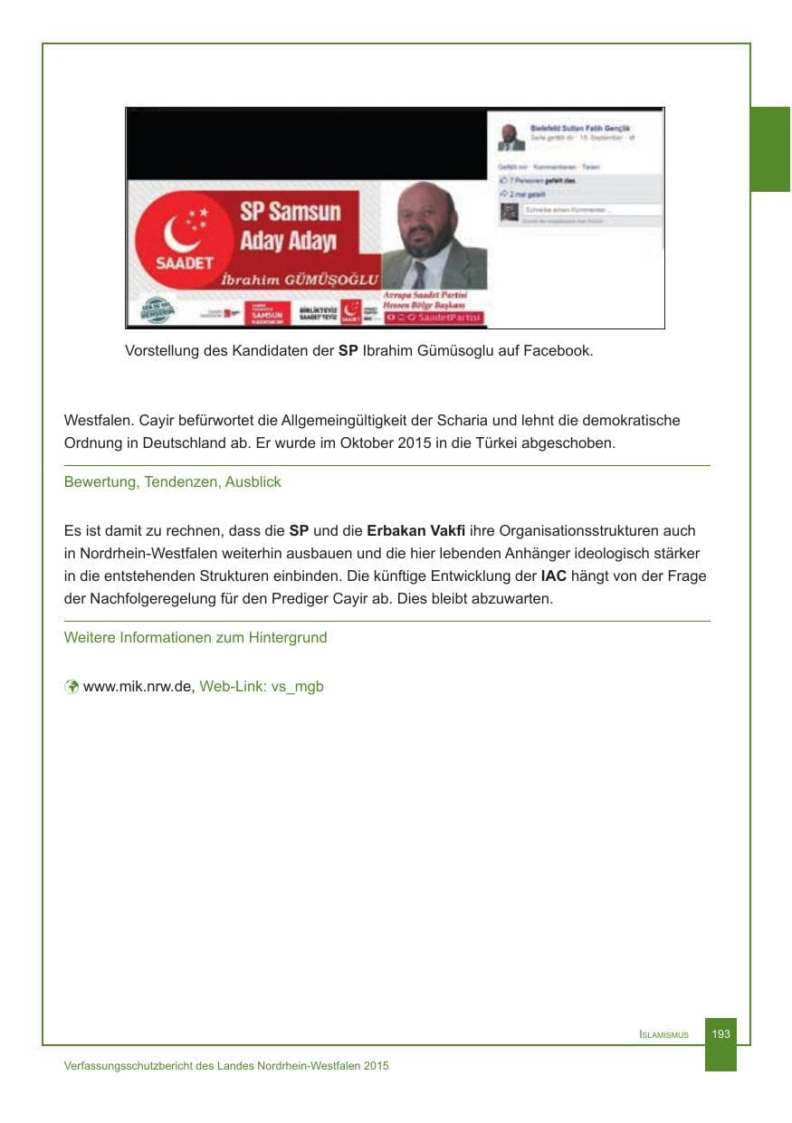 Seite 194 des Verfassungsschutzbericht 2015 Nordrhein-Westfalen