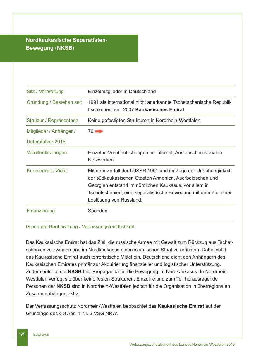 Seite 195 des Verfassungsschutzbericht 2015 Nordrhein-Westfalen