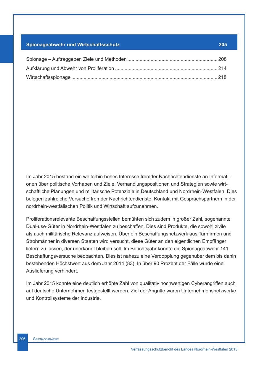 Seite 207 des Verfassungsschutzbericht 2015 Nordrhein-Westfalen