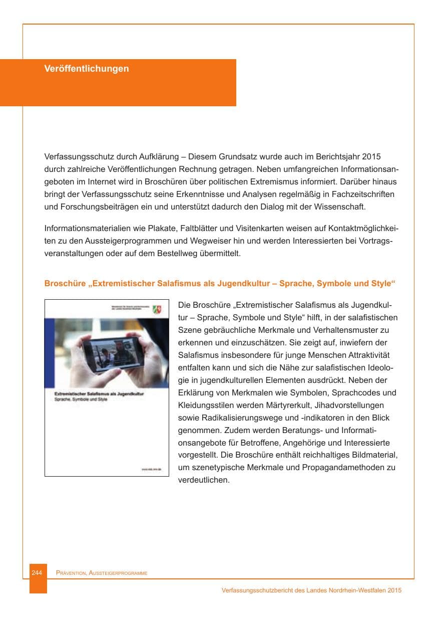 Seite 245 des Verfassungsschutzbericht 2015 Nordrhein-Westfalen