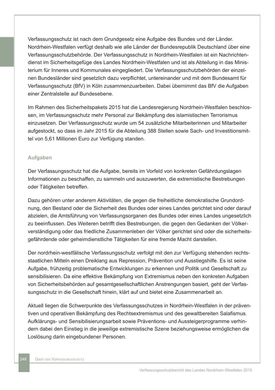 Seite 249 des Verfassungsschutzbericht 2015 Nordrhein-Westfalen