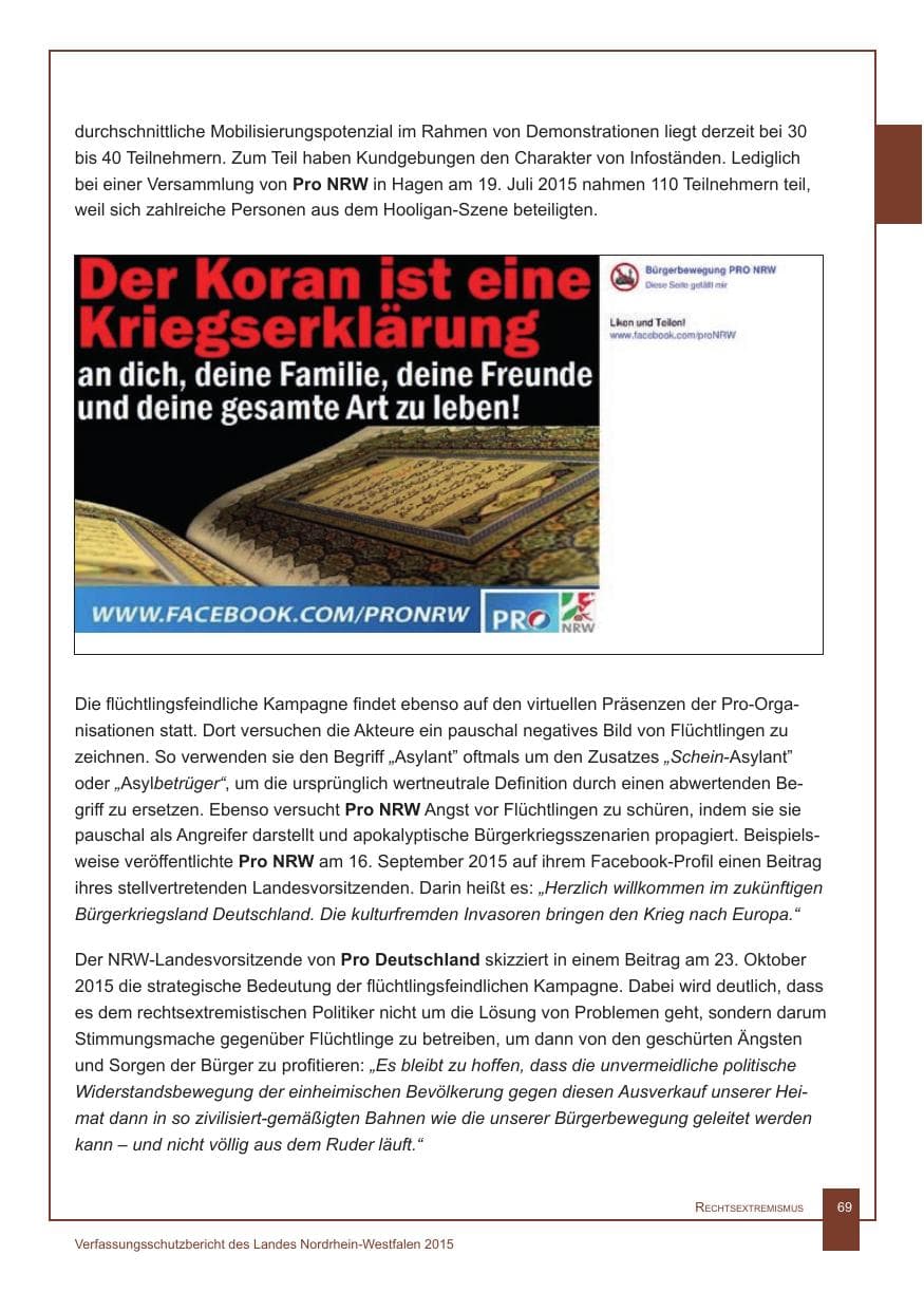 Seite 70 des Verfassungsschutzbericht 2015 Nordrhein-Westfalen