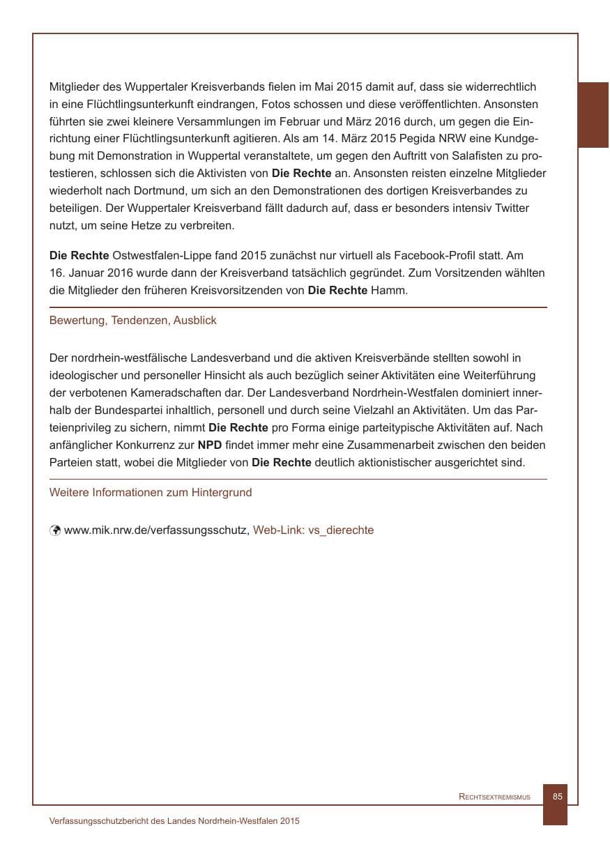 Seite 86 des Verfassungsschutzbericht 2015 Nordrhein-Westfalen