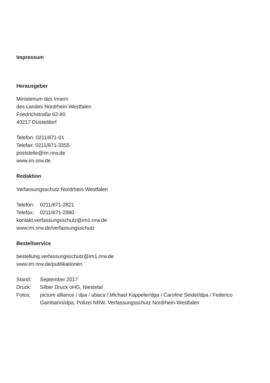 Seite 2 des Verfassungsschutzbericht 2016 Nordrhein-Westfalen