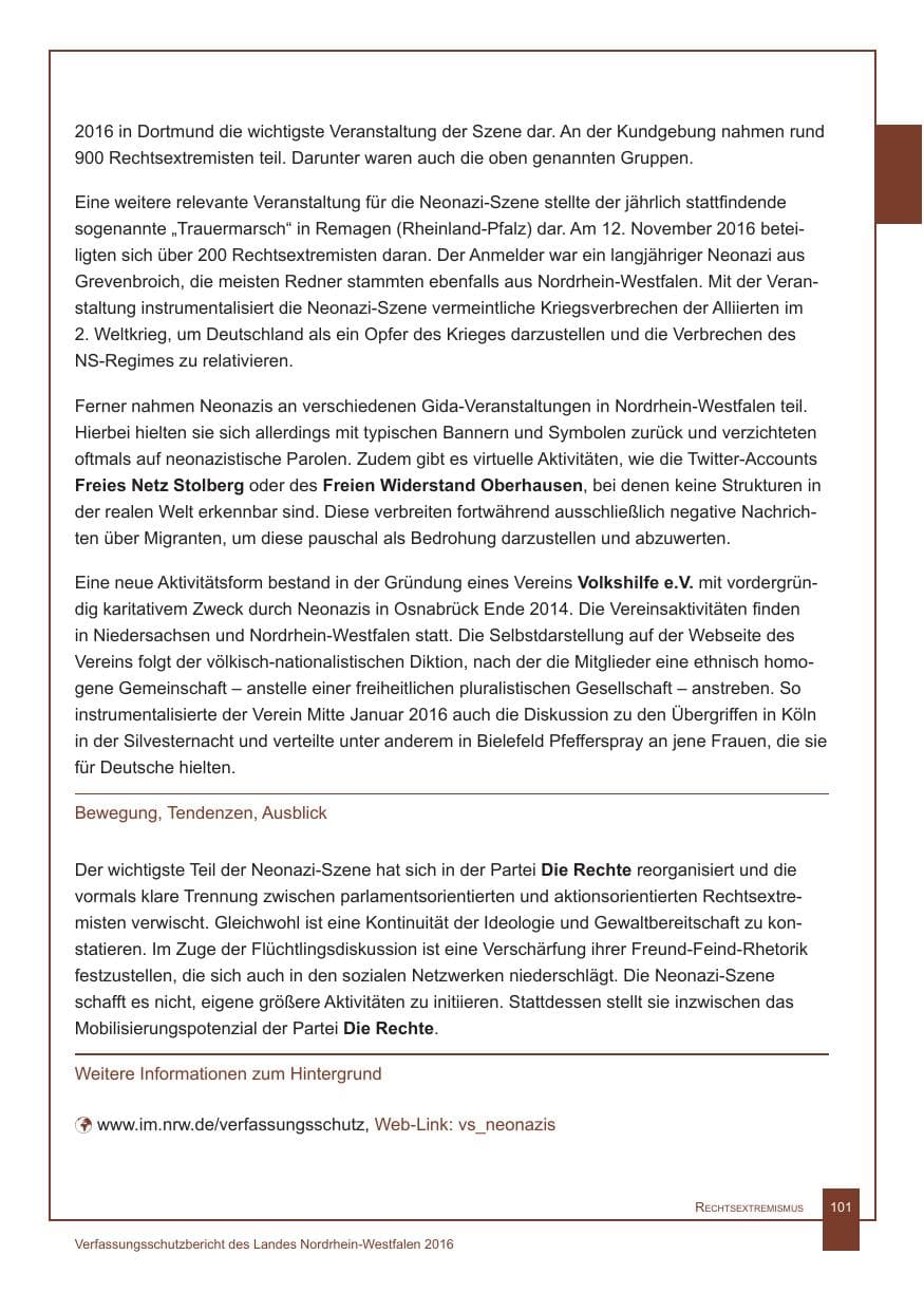 Seite 102 des Verfassungsschutzbericht 2016 Nordrhein-Westfalen