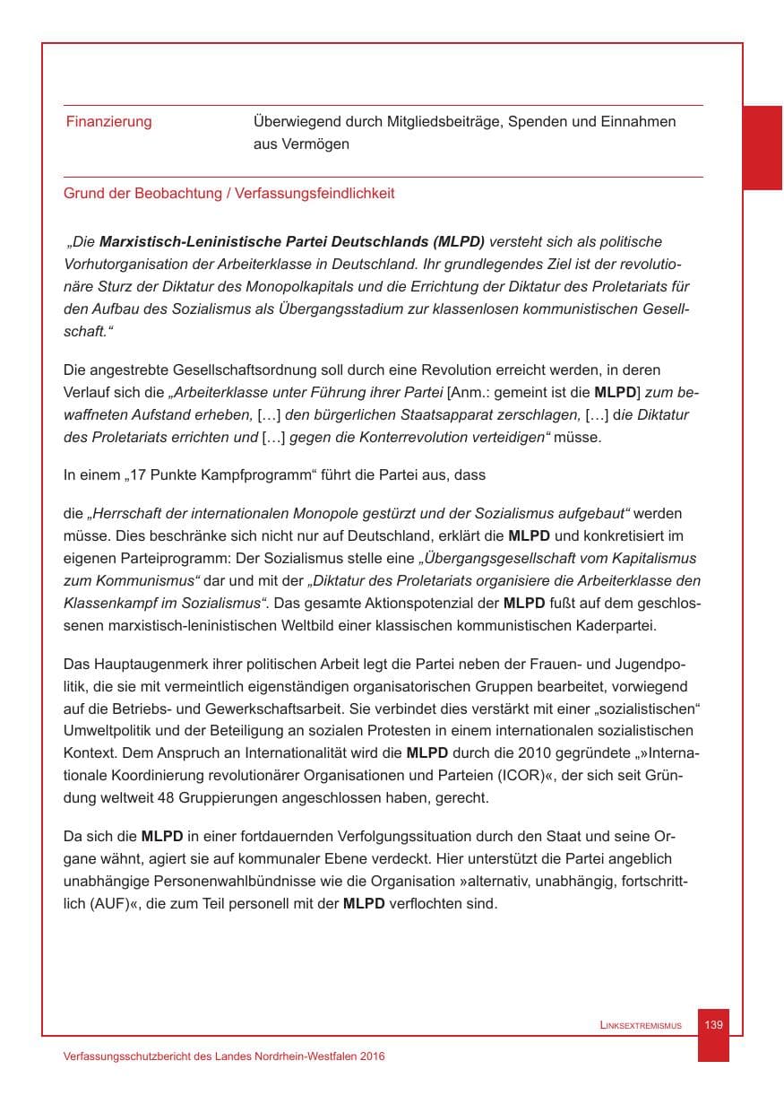 Seite 140 des Verfassungsschutzbericht 2016 Nordrhein-Westfalen