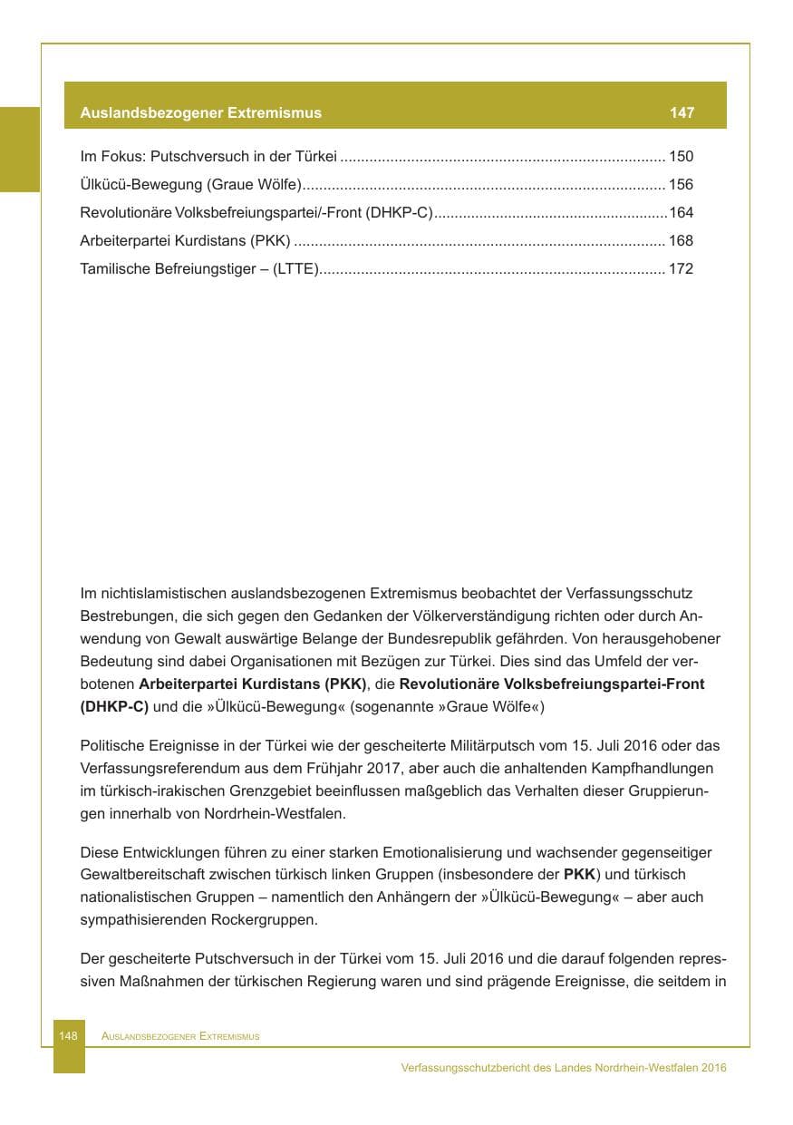 Seite 149 des Verfassungsschutzbericht 2016 Nordrhein-Westfalen