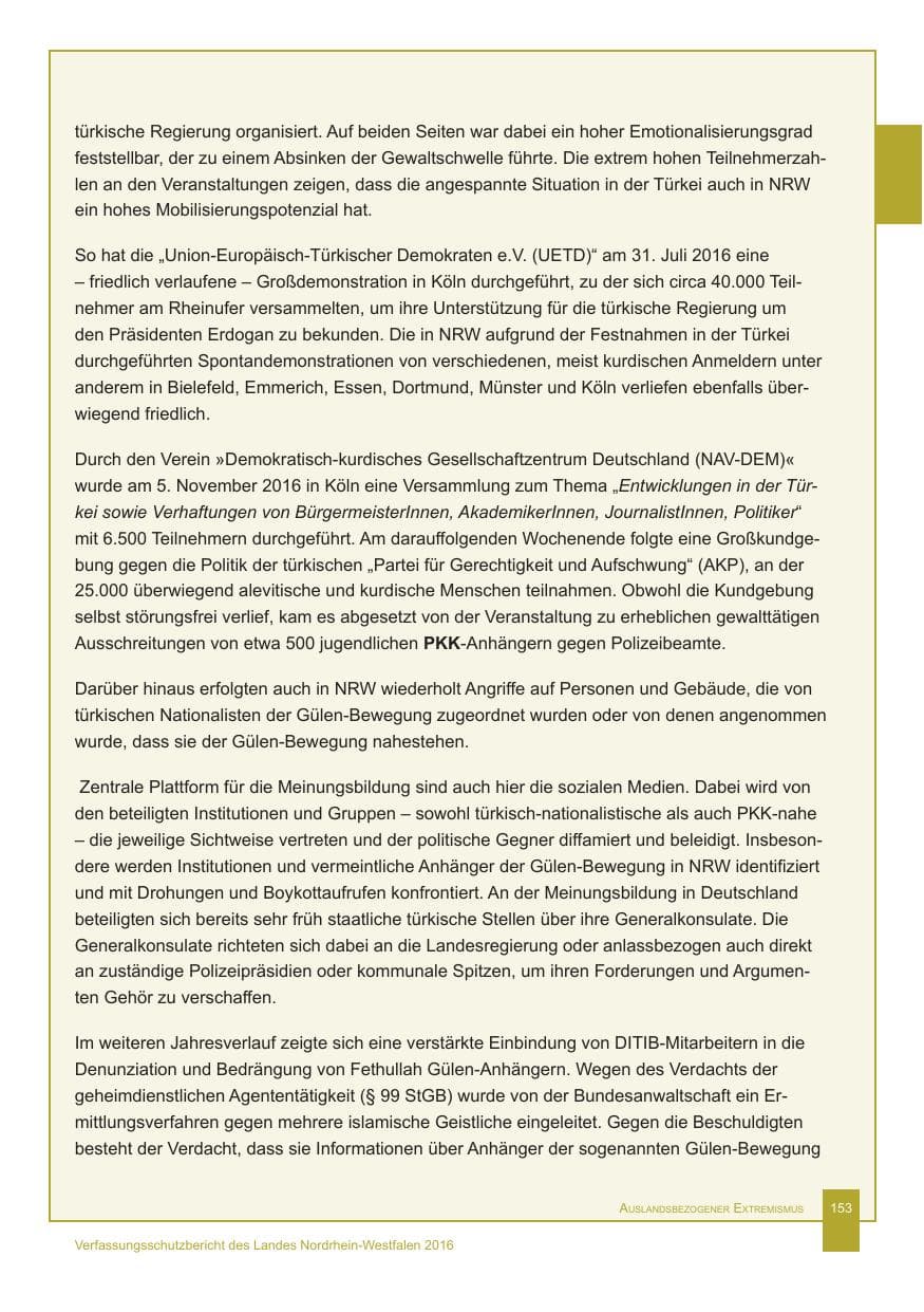 Seite 154 des Verfassungsschutzbericht 2016 Nordrhein-Westfalen