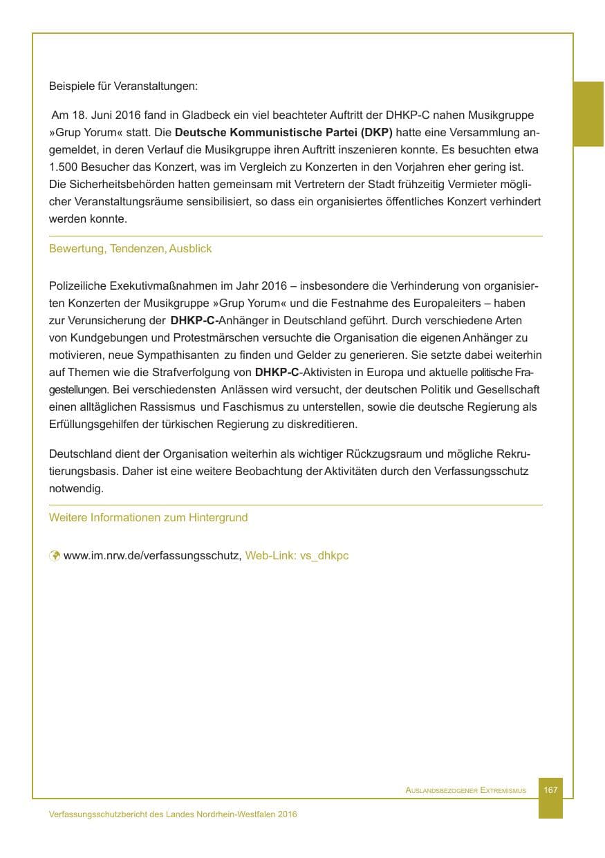 Seite 168 des Verfassungsschutzbericht 2016 Nordrhein-Westfalen