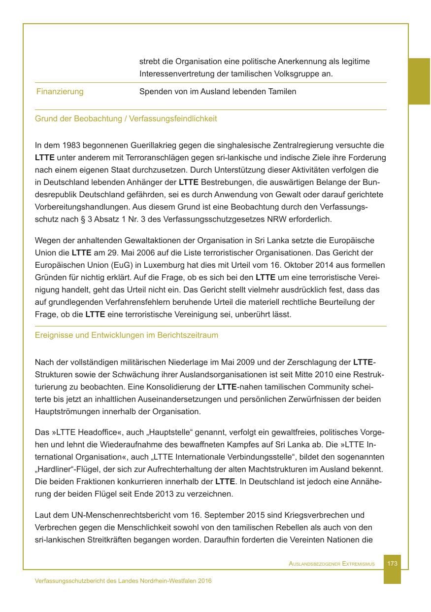 Seite 174 des Verfassungsschutzbericht 2016 Nordrhein-Westfalen