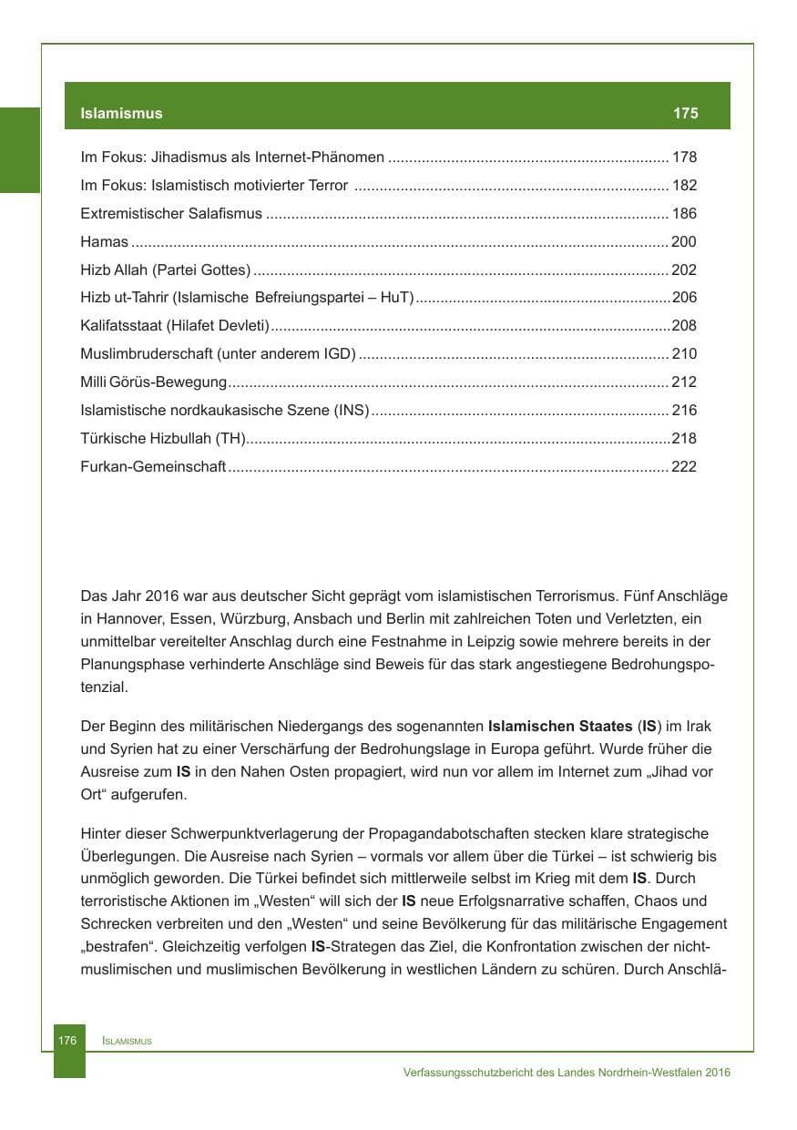 Seite 177 des Verfassungsschutzbericht 2016 Nordrhein-Westfalen