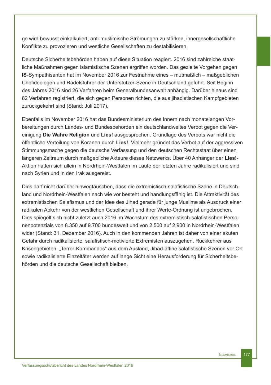 Seite 178 des Verfassungsschutzbericht 2016 Nordrhein-Westfalen