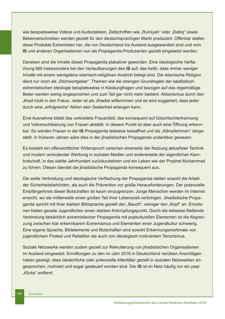 Seite 181 des Verfassungsschutzbericht 2016 Nordrhein-Westfalen