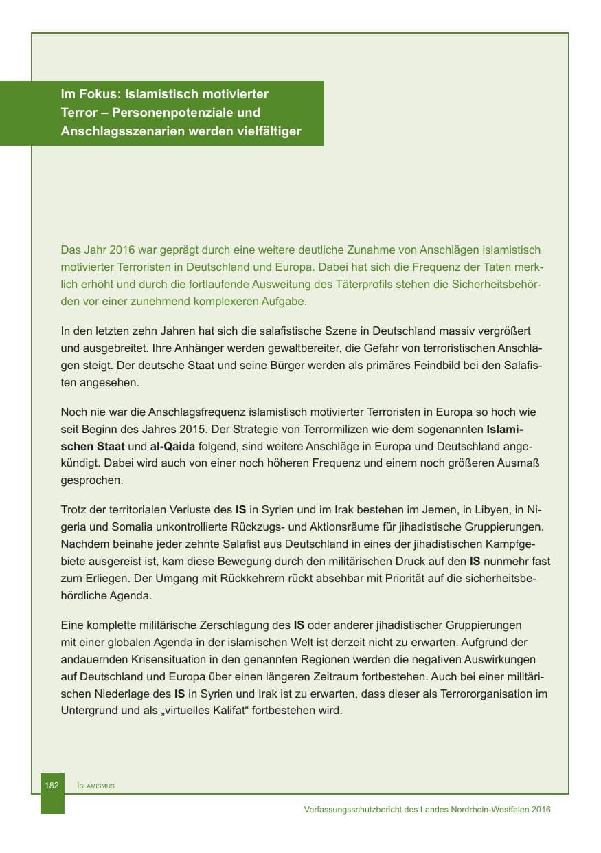 Seite 183 des Verfassungsschutzbericht 2016 Nordrhein-Westfalen