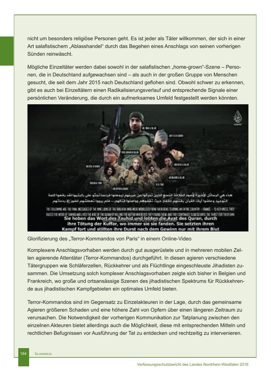 Seite 185 des Verfassungsschutzbericht 2016 Nordrhein-Westfalen