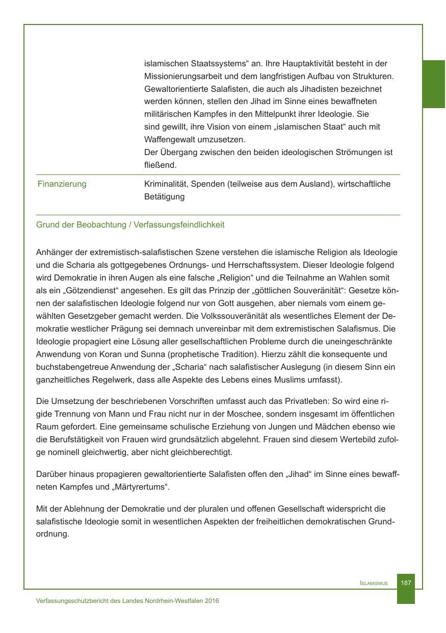 Seite 188 des Verfassungsschutzbericht 2016 Nordrhein-Westfalen