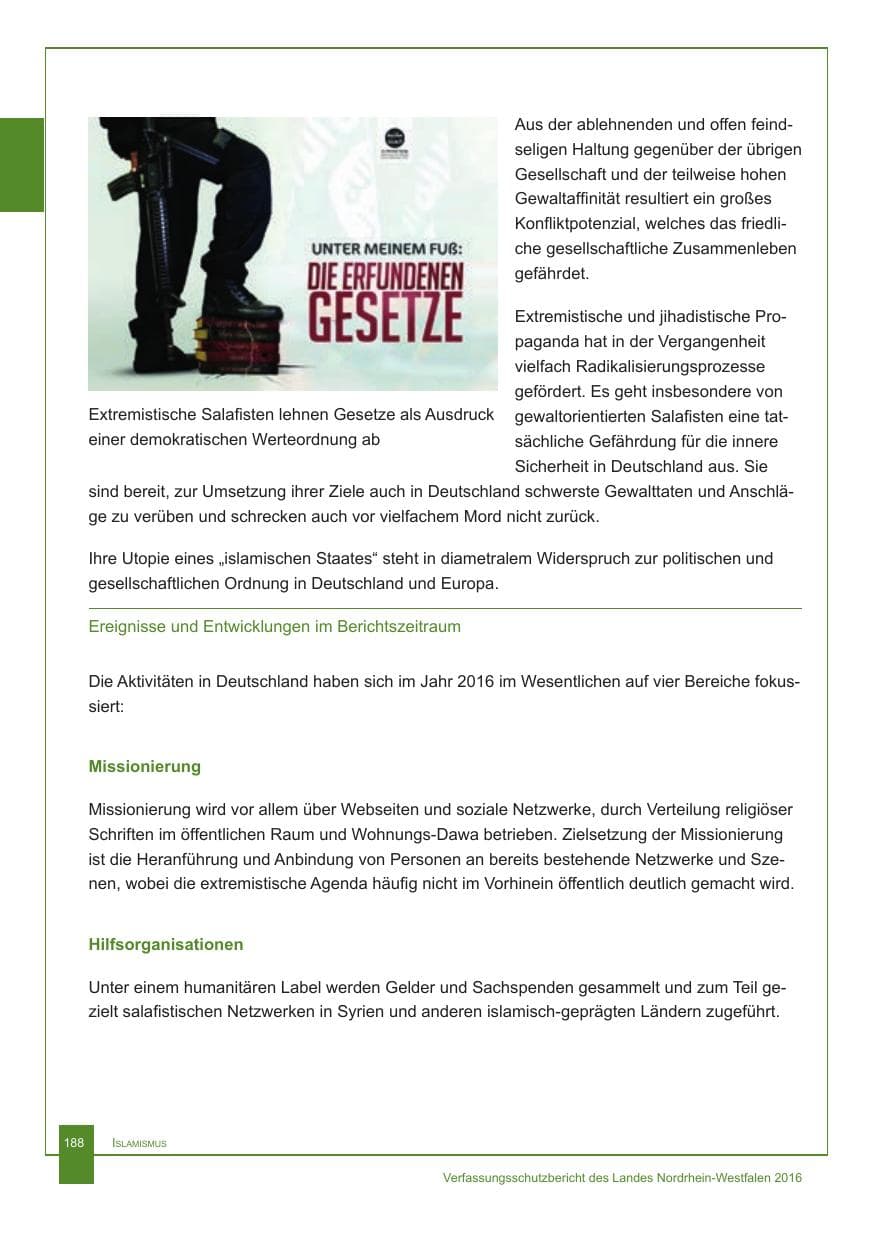 Seite 189 des Verfassungsschutzbericht 2016 Nordrhein-Westfalen