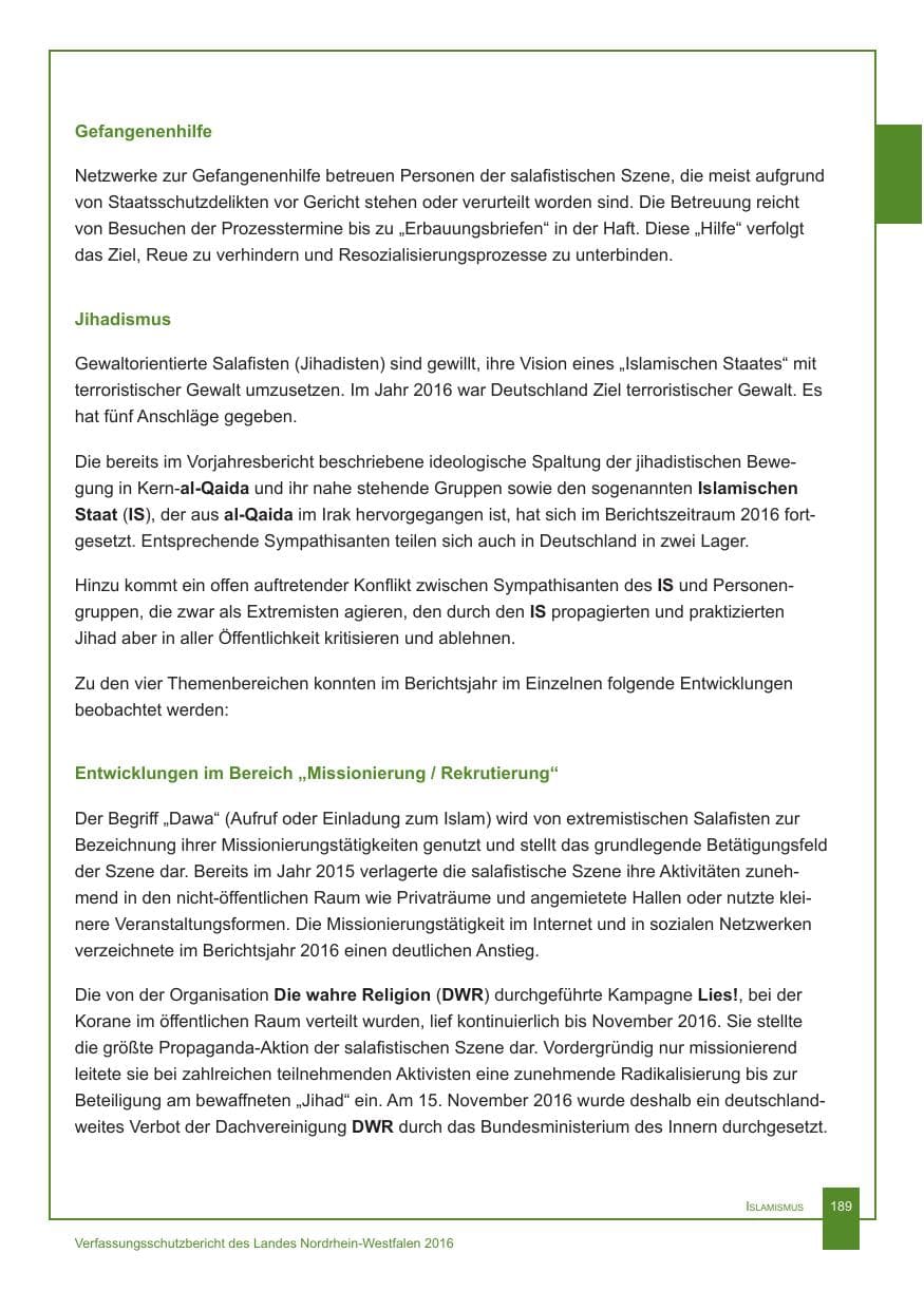 Seite 190 des Verfassungsschutzbericht 2016 Nordrhein-Westfalen