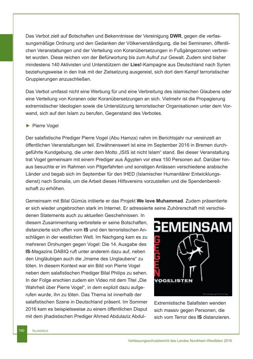 Seite 191 des Verfassungsschutzbericht 2016 Nordrhein-Westfalen