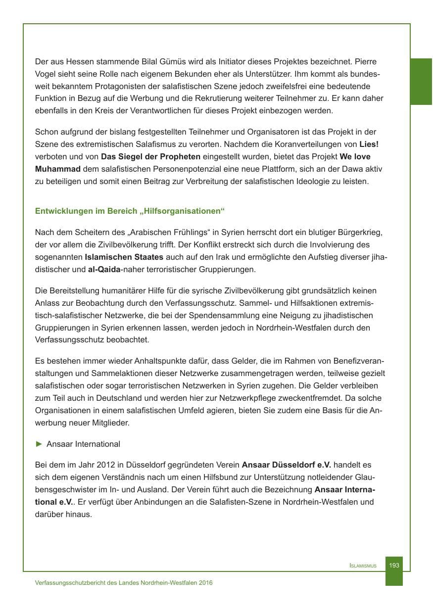 Seite 194 des Verfassungsschutzbericht 2016 Nordrhein-Westfalen