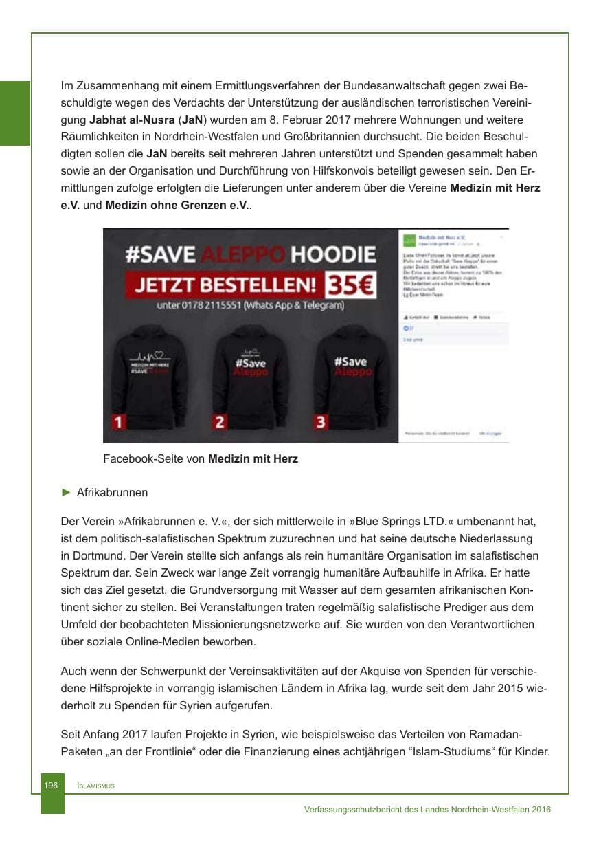 Seite 197 des Verfassungsschutzbericht 2016 Nordrhein-Westfalen